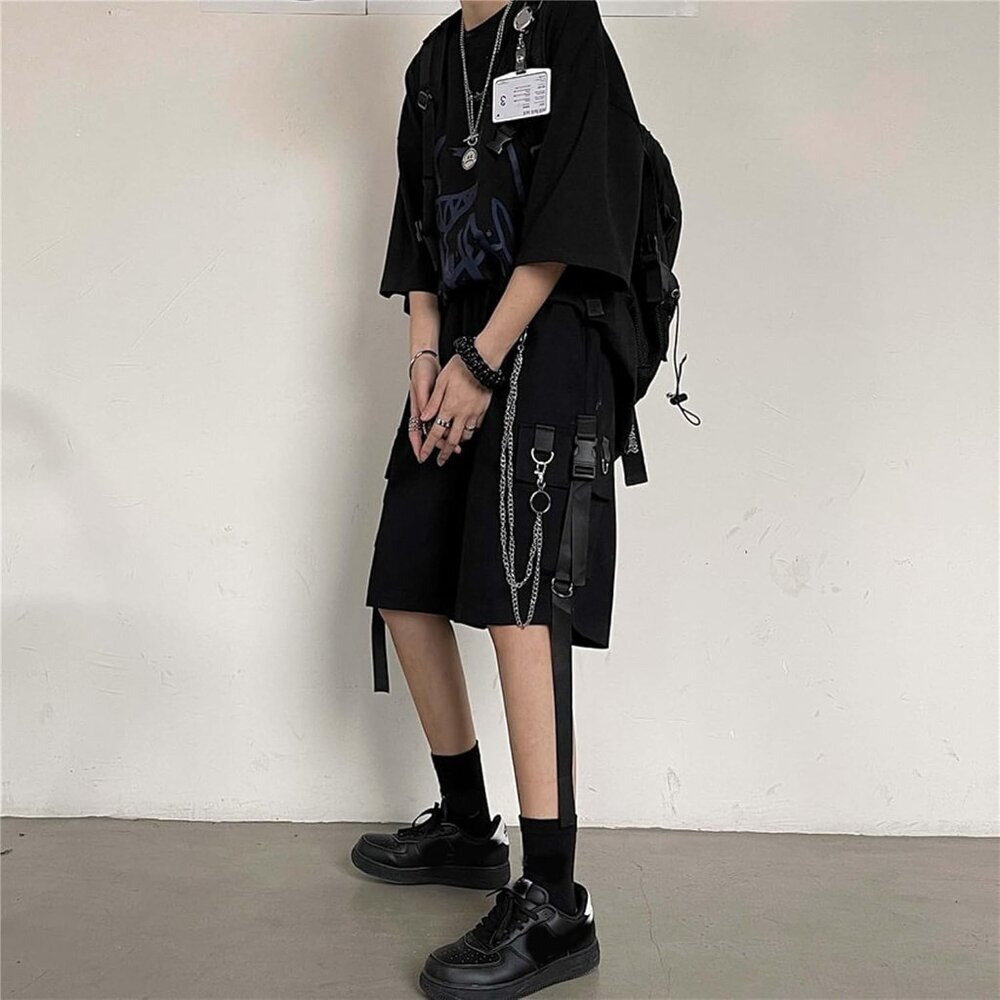 Black Cargo Pants Women Loose Wide-Leg With Chains Street Harajuku View 6